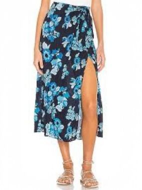 NWT Free People Sunray Sarong Wrap Skirt Blue Floral Slit Boho Size 0